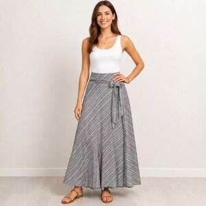 JH COLLECTIBLES Striped Linen Blend Tie Waist A-Line Maxi Skirt Grey Blue Sz 10